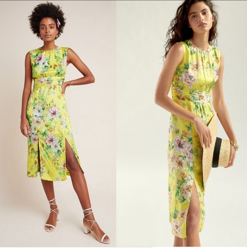 NWT Anthropologie Sparrow yellow silk blend floral midi length sleeveless size 6